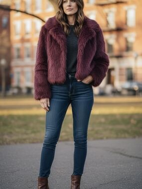 No Boundaries Plush Faux Fur Jacket in Deep Wine